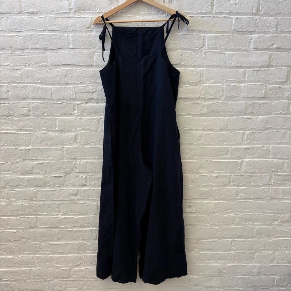 COS || Tie-Detail Linen Jumpsuit Wide Leg Shoulder Bows Navy Blue XS‎